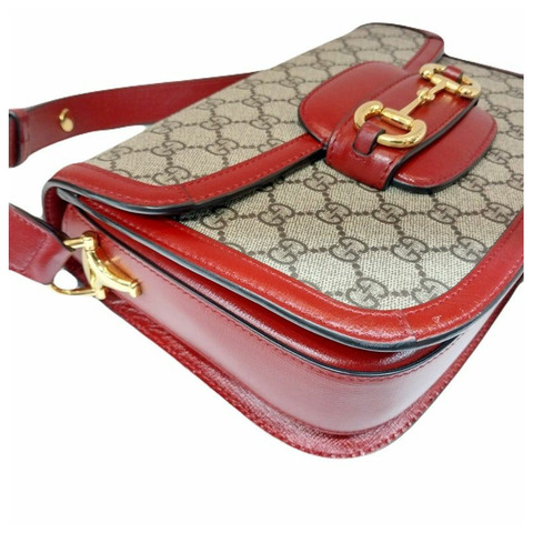 GUCCI 紅色 GG Supreme 金色馬階扣 1955 皮革飾邊單肩包