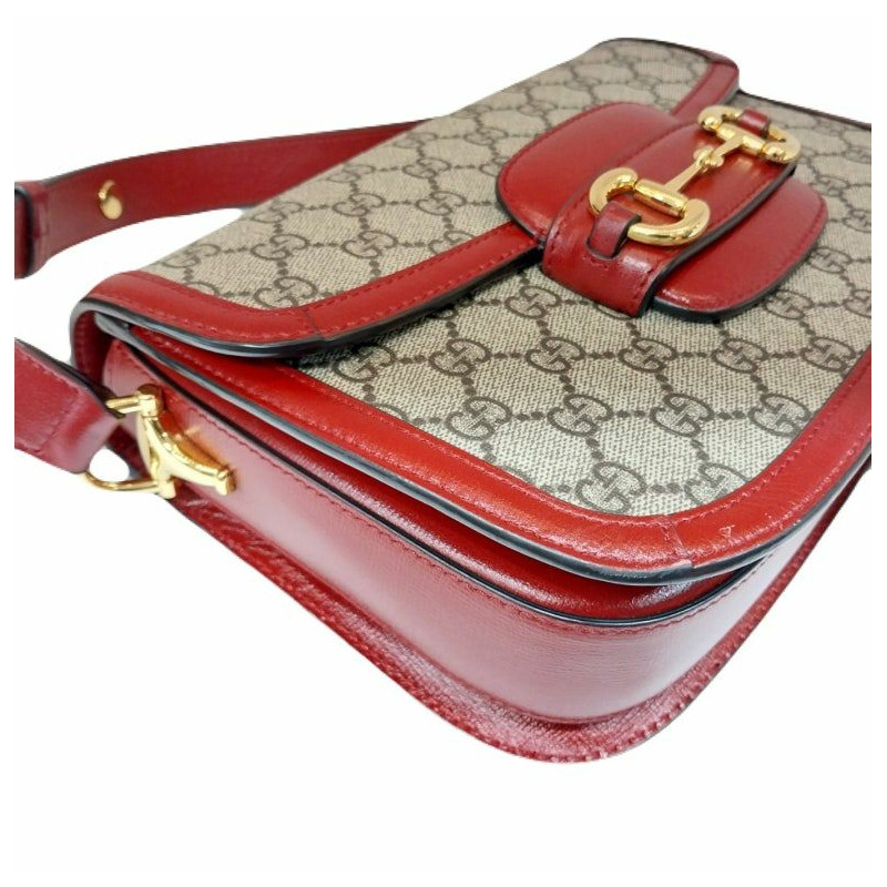【包稅】GUCCI 紅色 GG Supreme 金色馬階扣 1955 皮革飾邊單肩包-0