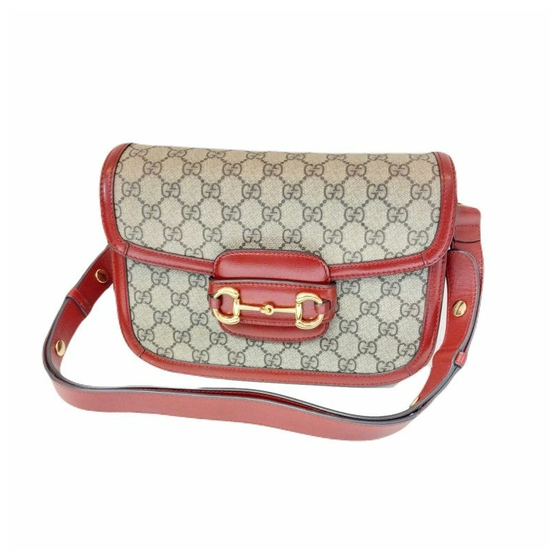【包稅】GUCCI 紅色 GG Supreme 金色馬階扣 1955 皮革飾邊單肩包-1