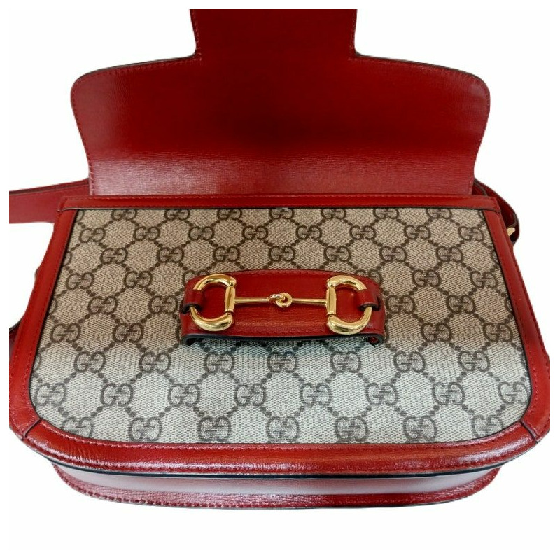 【包稅】GUCCI 紅色 GG Supreme 金色馬階扣 1955 皮革飾邊單肩包-6