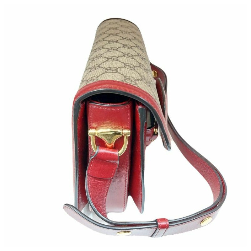 【包稅】GUCCI 紅色 GG Supreme 金色馬階扣 1955 皮革飾邊單肩包-7