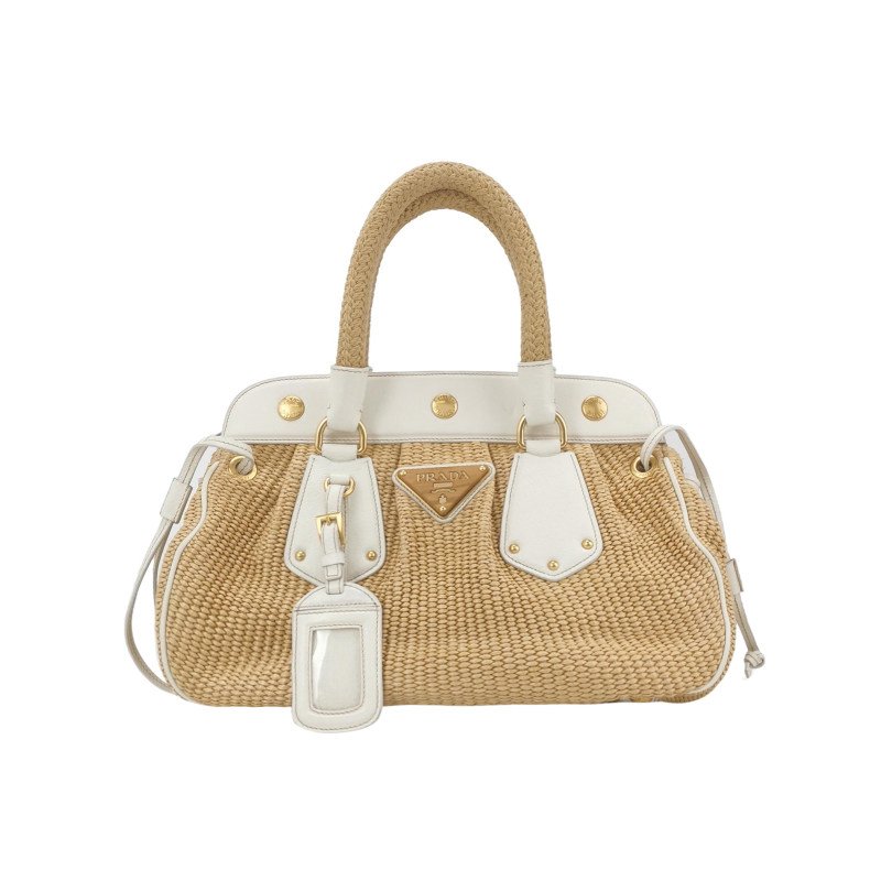 Prada牛皮拼色三角徽標編織包身手提包-0