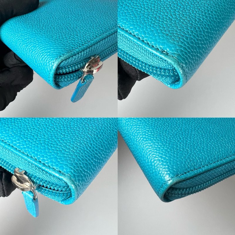 CHANEL 荔枝皮拚色琺瑯logoㄇ拉長夾 淺藍 17開-11