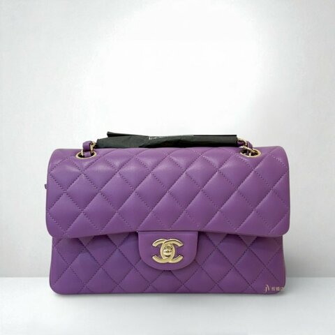 CHANEL 紫色羊皮經典菱格金釦下蓋口蓋包COCO23 A01113