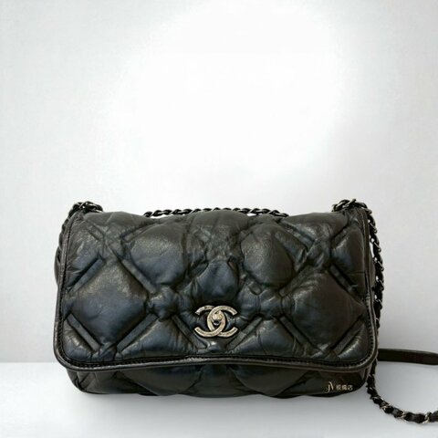 CHANEL包包黑色油蠟牛皮空氣感菱格復古銀釦口蓋包