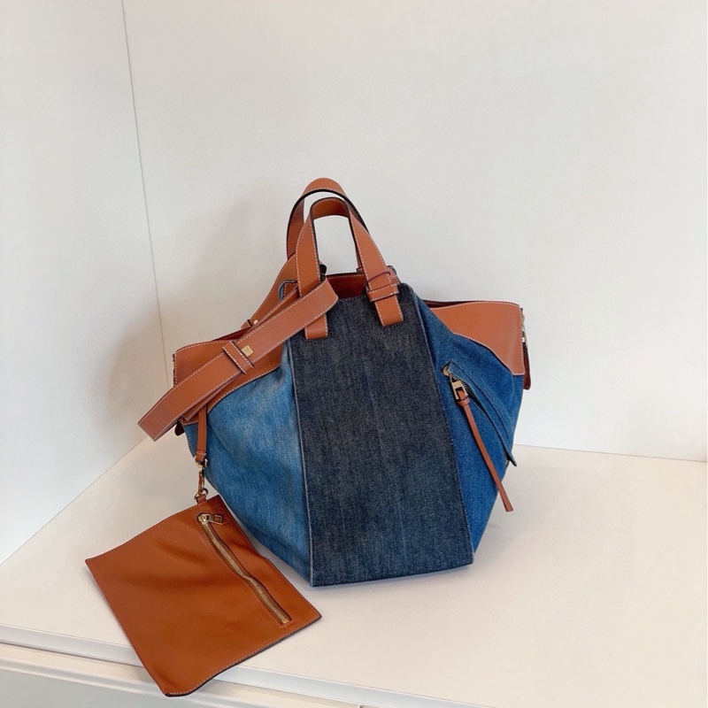 【98新🆕】Loewe Hammock三拼色牛仔吊床包 焦糖配皮帶子包 手提單肩包-0