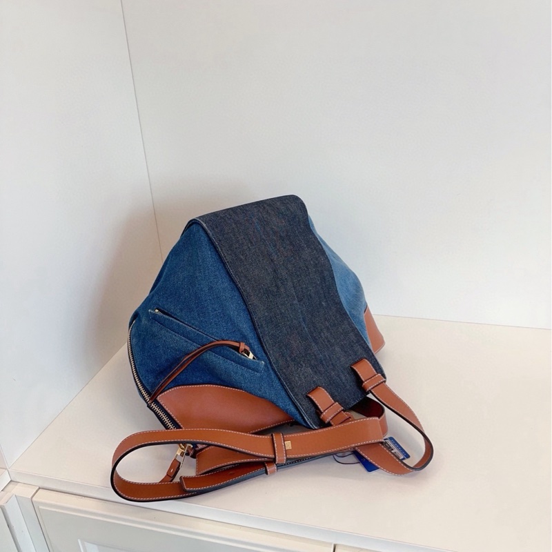 【98新🆕】Loewe Hammock三拼色牛仔吊床包 焦糖配皮帶子包 手提單肩包-3