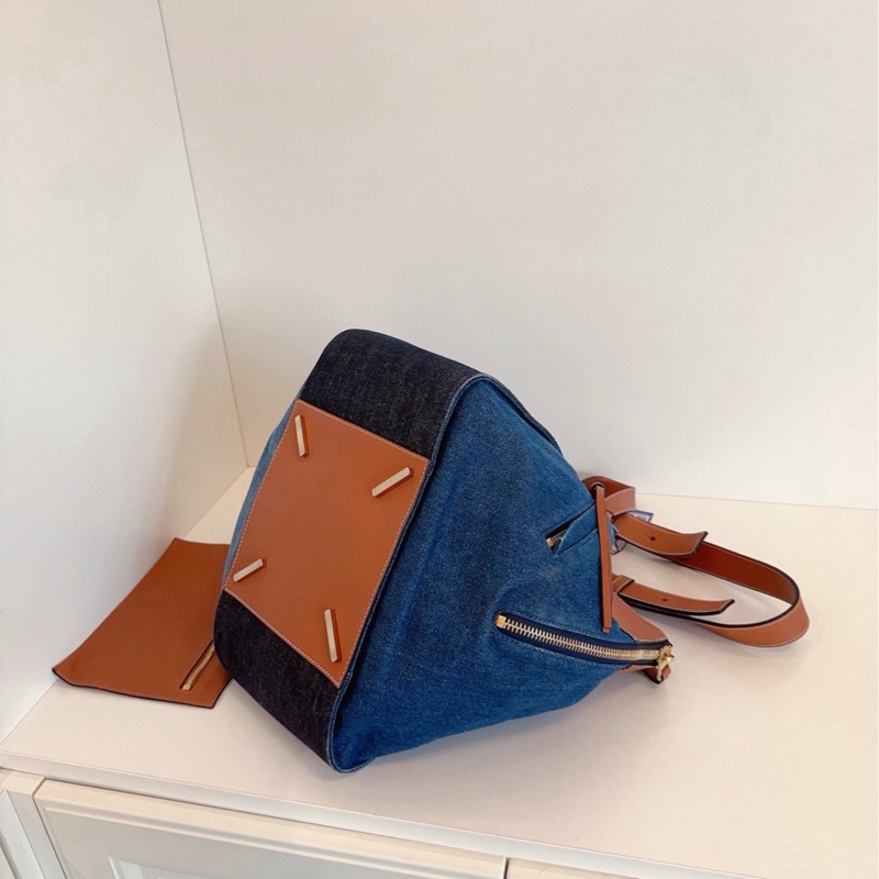 【98新🆕】Loewe Hammock三拼色牛仔吊床包 焦糖配皮帶子包 手提單肩包-5