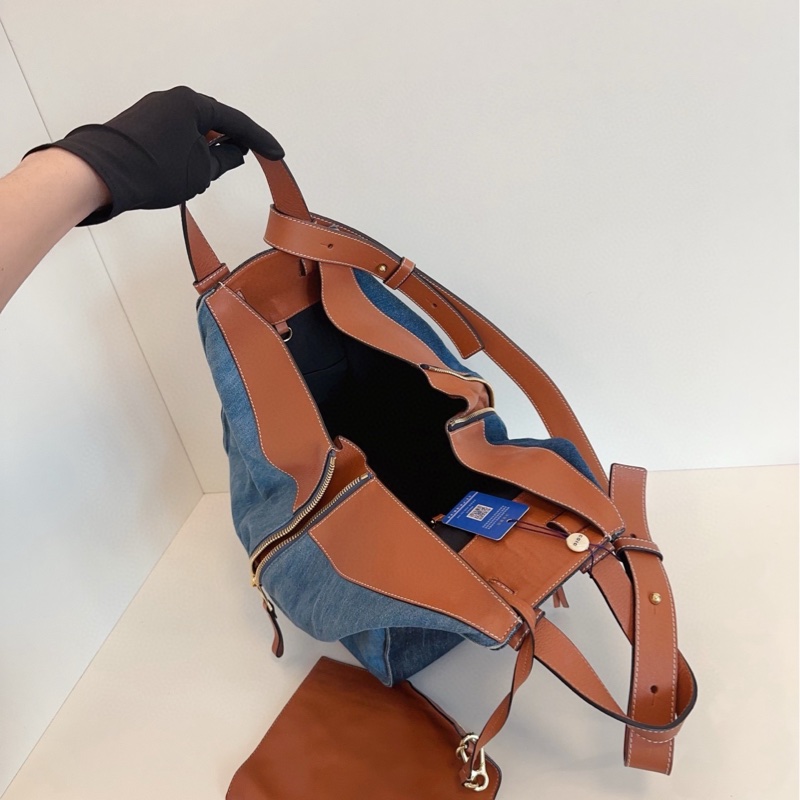 【98新🆕】Loewe Hammock三拼色牛仔吊床包 焦糖配皮帶子包 手提單肩包-6