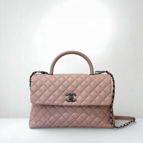 Chanel 玫瑰粉荔枝霧銀釦下蓋cocohandle/A92991