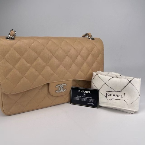 「JL精品代購」 9新 香奈兒奶茶色荔枝牛皮CF jumbo