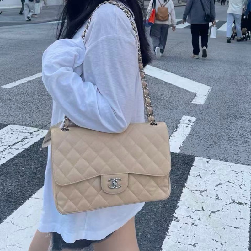 「JL精品代購」 9新 香奈兒奶茶色荔枝牛皮CF jumbo-1