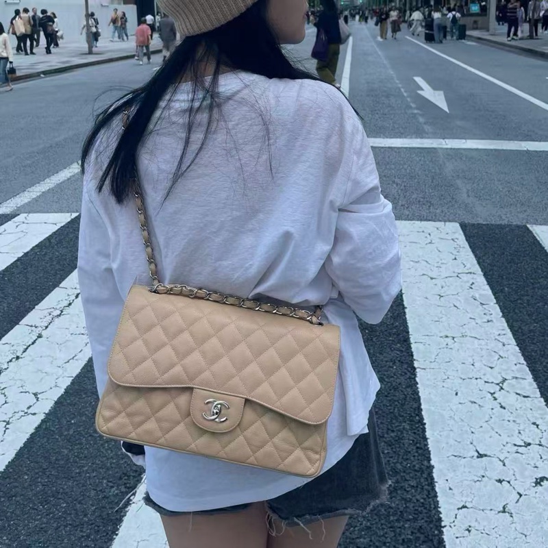 「JL精品代購」 9新 香奈兒奶茶色荔枝牛皮CF jumbo-2