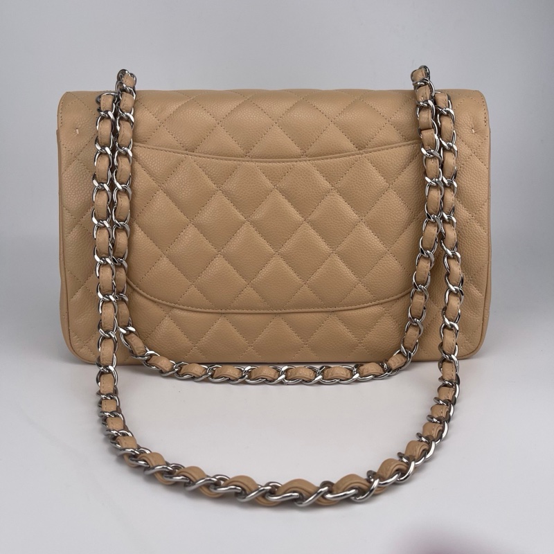 「JL精品代購」 9新 香奈兒奶茶色荔枝牛皮CF jumbo-4