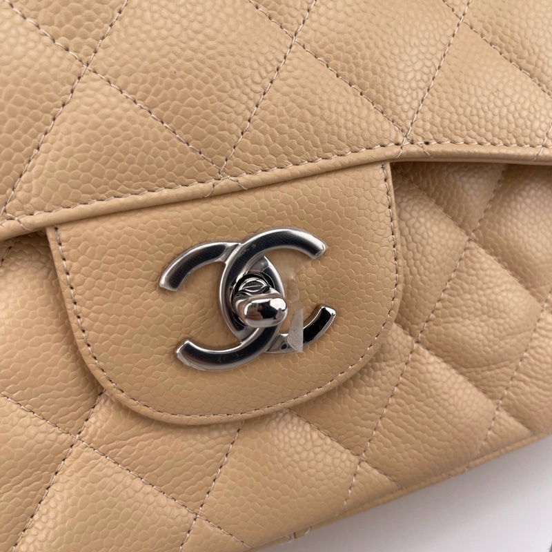 「JL精品代購」 9新 香奈兒奶茶色荔枝牛皮CF jumbo-5