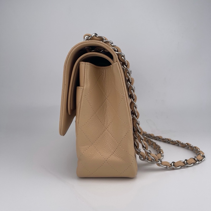 「JL精品代購」 9新 香奈兒奶茶色荔枝牛皮CF jumbo-6