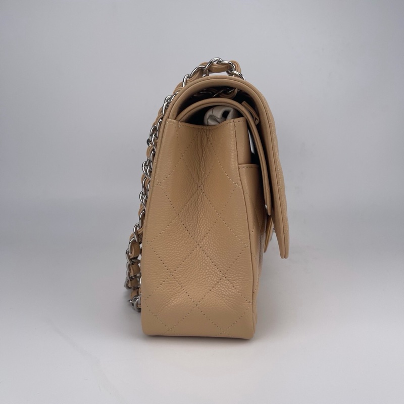 「JL精品代購」 9新 香奈兒奶茶色荔枝牛皮CF jumbo-7