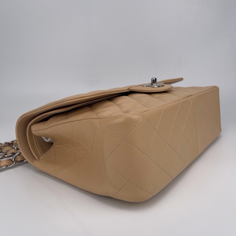 「JL精品代購」 9新 香奈兒奶茶色荔枝牛皮CF jumbo-9