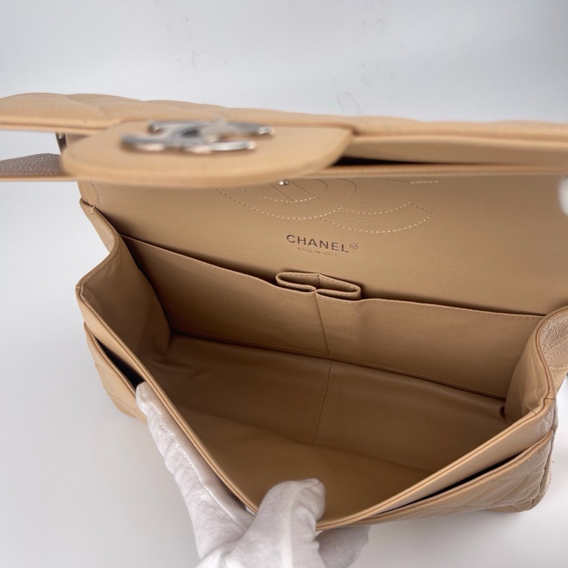 「JL精品代購」 9新 香奈兒奶茶色荔枝牛皮CF jumbo-12