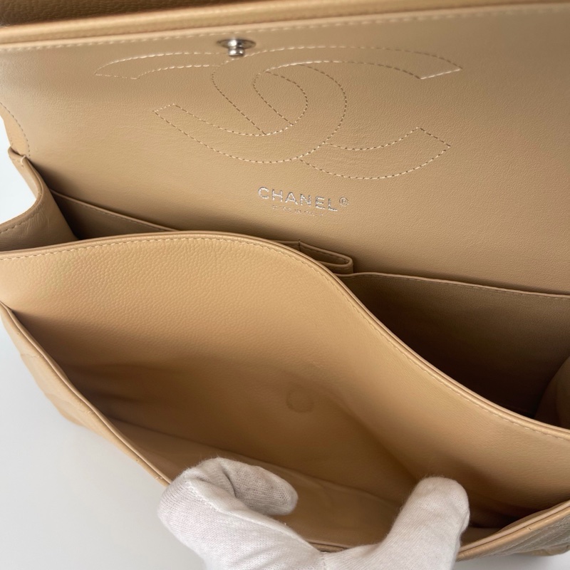 「JL精品代購」 9新 香奈兒奶茶色荔枝牛皮CF jumbo-13