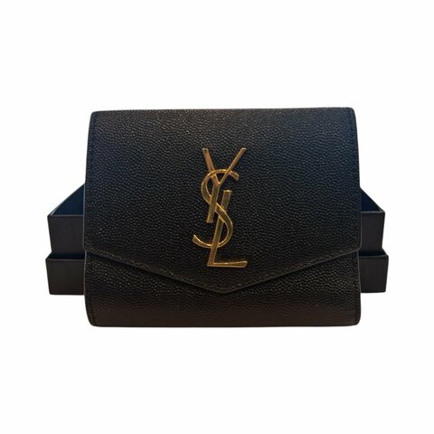 YSL  黑金全皮荔枝紋短夾