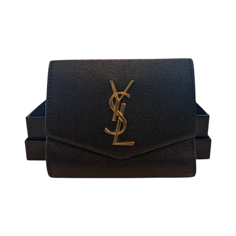 YSL  黑金全皮荔枝紋短夾-0