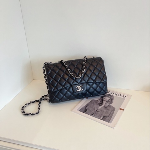 【97新🆕】Chanel 硬通貨CF Jumbo 單蓋黑銀羊皮鏈條包 單肩包