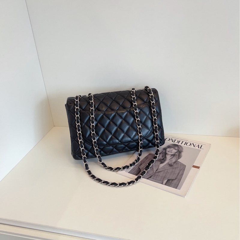 【97新🆕】Chanel 硬通貨CF Jumbo 單蓋黑銀羊皮鏈條包 單肩包-1
