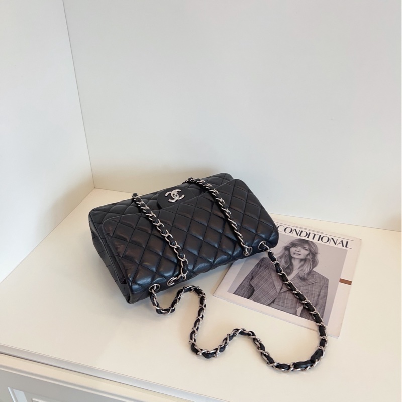 【97新🆕】Chanel 硬通貨CF Jumbo 單蓋黑銀羊皮鏈條包 單肩包-3