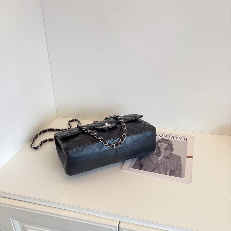 【97新🆕】Chanel 硬通貨CF Jumbo 單蓋黑銀羊皮鏈條包 單肩包-4