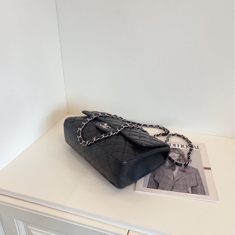 【97新🆕】Chanel 硬通貨CF Jumbo 單蓋黑銀羊皮鏈條包 單肩包-5