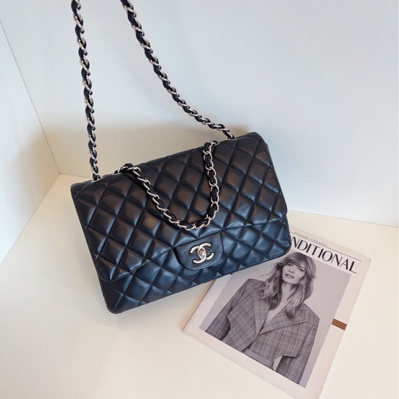 【97新🆕】Chanel 硬通貨CF Jumbo 單蓋黑銀羊皮鏈條包 單肩包-6