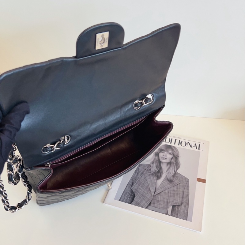 【97新🆕】Chanel 硬通貨CF Jumbo 單蓋黑銀羊皮鏈條包 單肩包-7