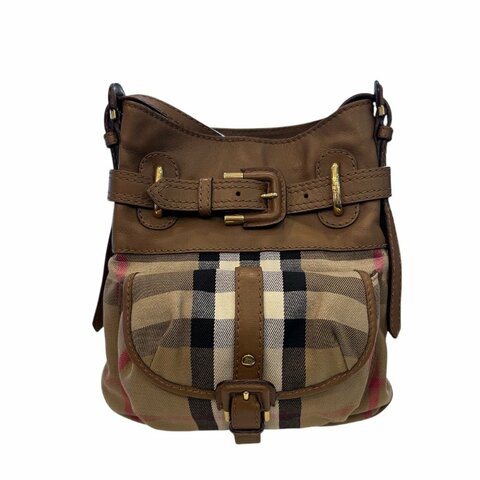 BURBERRY駝色皮拼布格紋斜背包