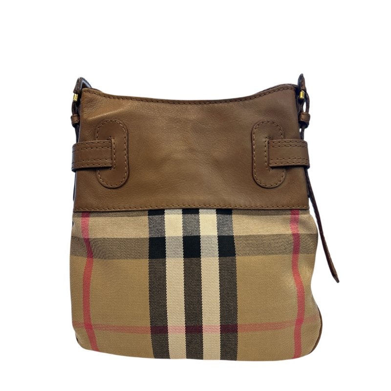 BURBERRY駝色皮拼布格紋斜背包-1