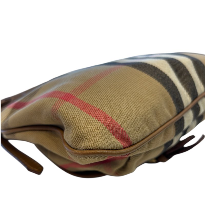 BURBERRY駝色皮拼布格紋斜背包-4