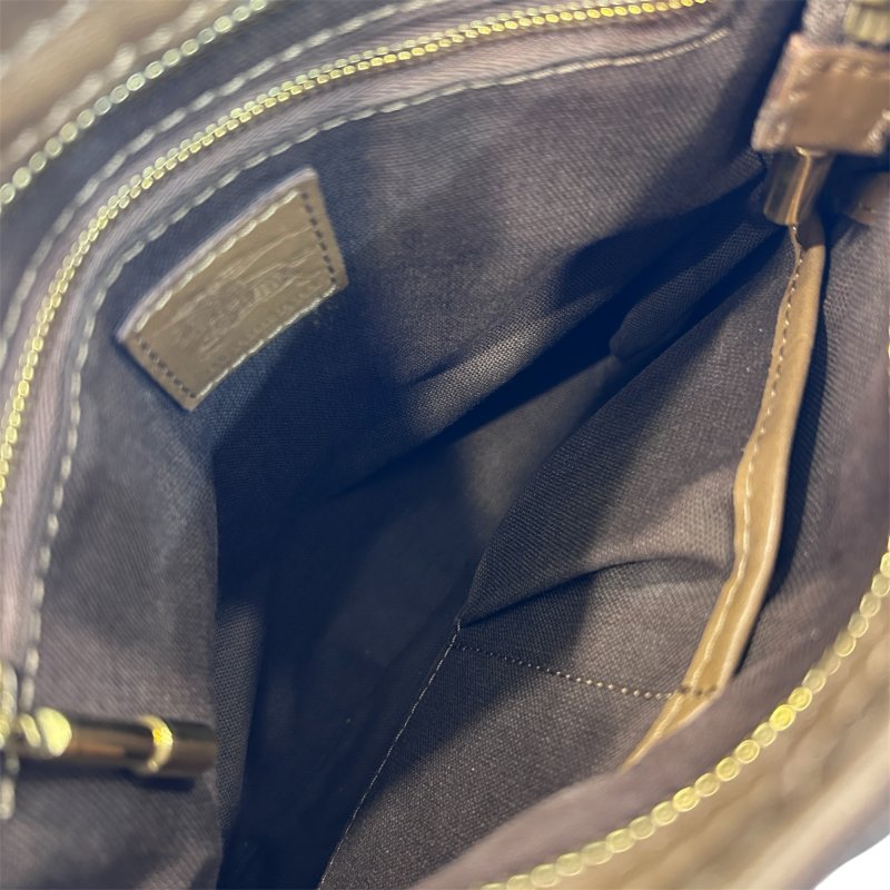 BURBERRY駝色皮拼布格紋斜背包-7