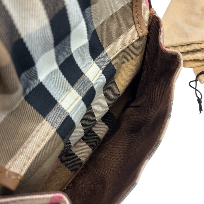 BURBERRY駝色皮拼布格紋斜背包-8