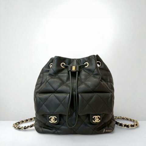 CHANEL黑色菱格羊皮淡金皮穿鍊雙口袋後背包/AS4342