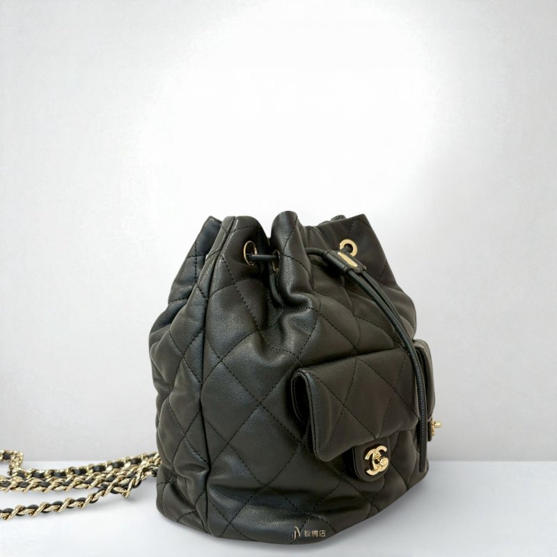CHANEL黑色菱格羊皮淡金皮穿鍊雙口袋後背包/AS4342-2