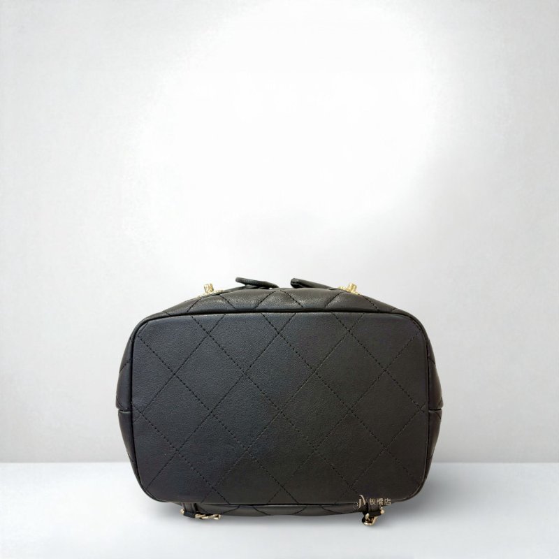 CHANEL黑色菱格羊皮淡金皮穿鍊雙口袋後背包/AS4342-4