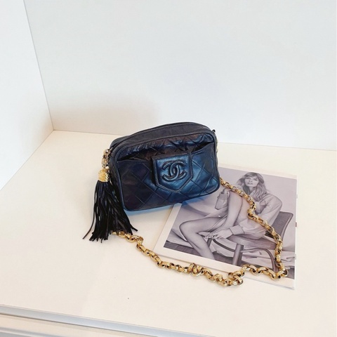 【97新🆕】Chanel 中古黑金菱格燈籠扣流蘇相機包 斜挎包