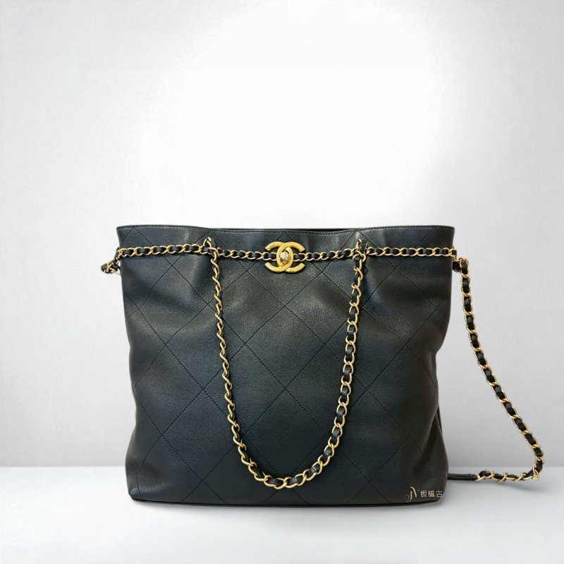 Chanel包包雙C菱格紋黑色牛皮金釦托特包AS2374-0