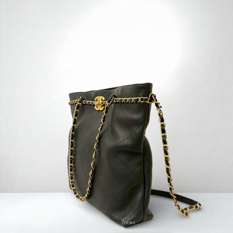 Chanel包包雙C菱格紋黑色牛皮金釦托特包AS2374-1