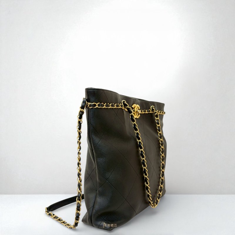 Chanel包包雙C菱格紋黑色牛皮金釦托特包AS2374-2