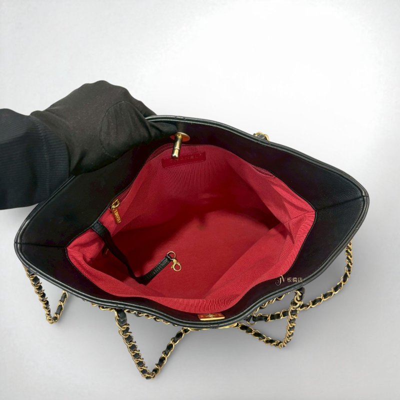 Chanel包包雙C菱格紋黑色牛皮金釦托特包AS2374-5