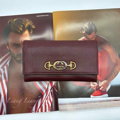 GUCCI 古馳 經典GG Zuni 荔枝紋牛皮酒紅色扣式長夾