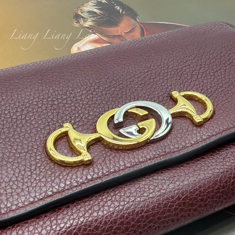 GUCCI 古馳 經典GG Zuni 荔枝紋牛皮酒紅色扣式長夾-4