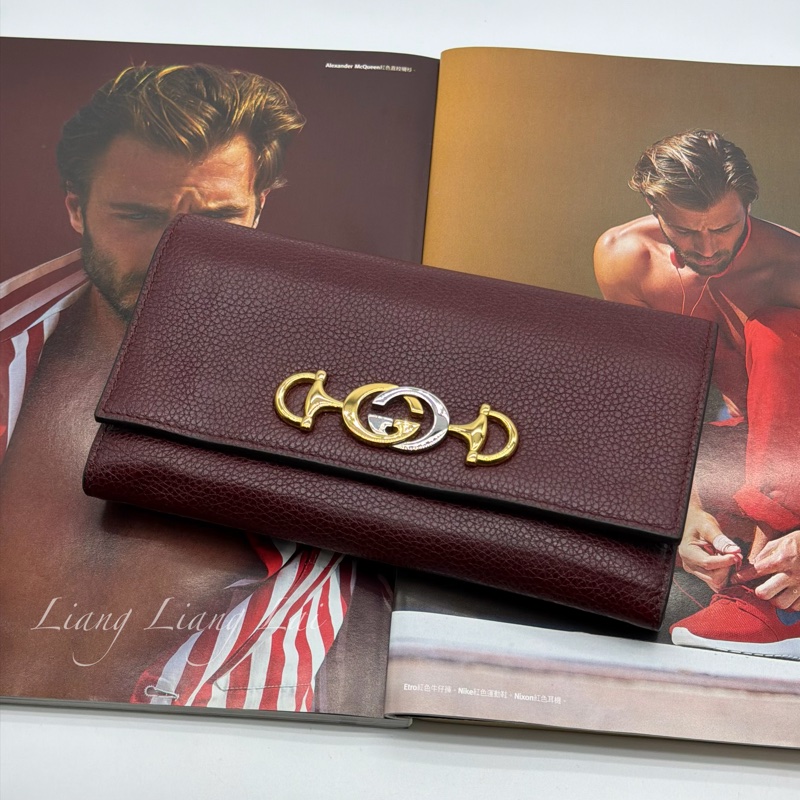 GUCCI 古馳 經典GG Zuni 荔枝紋牛皮酒紅色扣式長夾-5