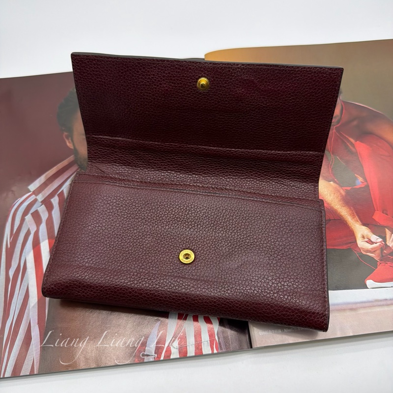 GUCCI 古馳 經典GG Zuni 荔枝紋牛皮酒紅色扣式長夾-6